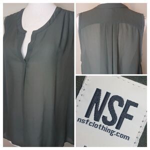 NSF Womens Top M 100% Silk Slate Gray Sleeveless Distressed Frayed Hems V-neck
